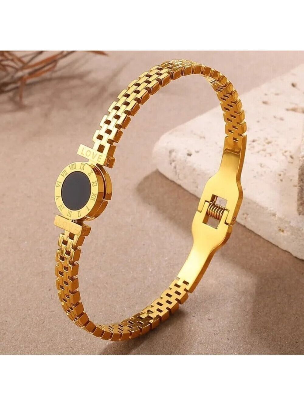 18K Gold Plated Stainless Steel Black Pendant Roman Numeral Bangle Bracelet